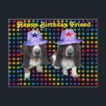 Lycklig Friend Birthday Basset Sta Vykort<br><div class="desc">Grattis på födelsedagen Friend - 2 bashundar på stjärnor med stjärnhatt</div>