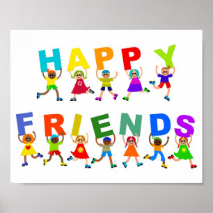 Lycklig Friends Cute Tecknad Diverse Kids Text Poster