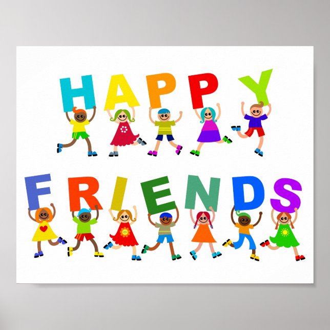 Lycklig Friends Cute Tecknad Diverse Kids Text Poster (Framsidan)