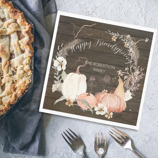 Lycklig Friendsgiving Rustic Fall Pumpkin Blommigt Pappersservett (Skapare uppladdad)