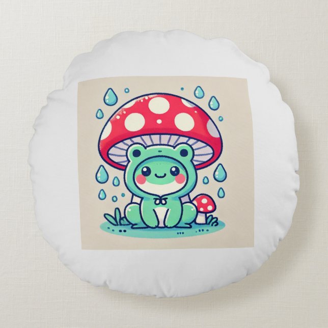 Lycklig Frog & Parbrella 🐸 ☔ Rund Kudde (Framsidan)