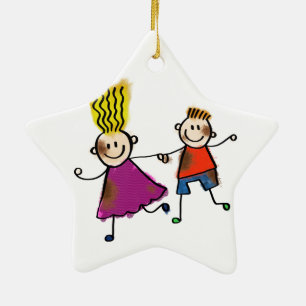 Lycklig Funny Kids par Teckning Doodle Tecknad Julgransprydnad Keramik