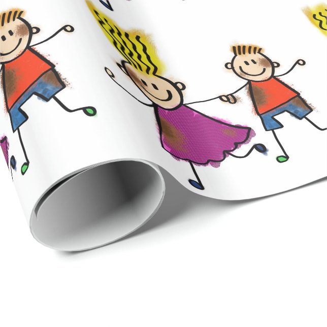 Lycklig Funny Kids par Teckning Doodle Tecknad Presentpapper (Rullad Hörn)
