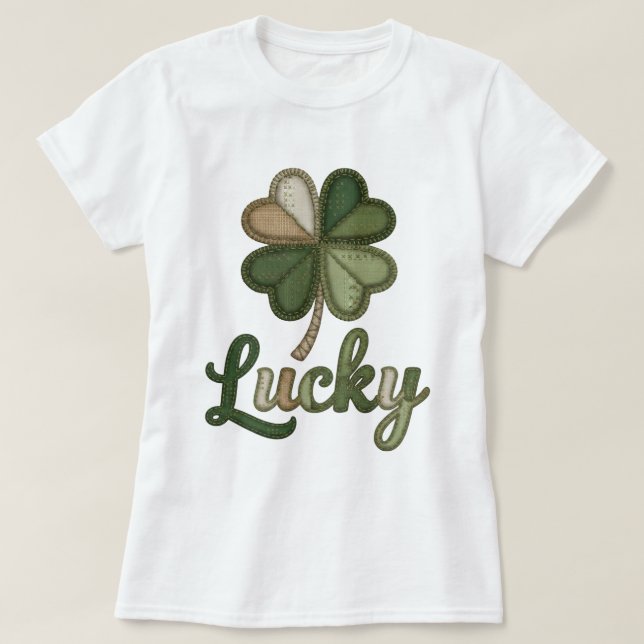 Lycklig Fyrklöver Falsk Lappteknik T-Shirt (Design framsida)