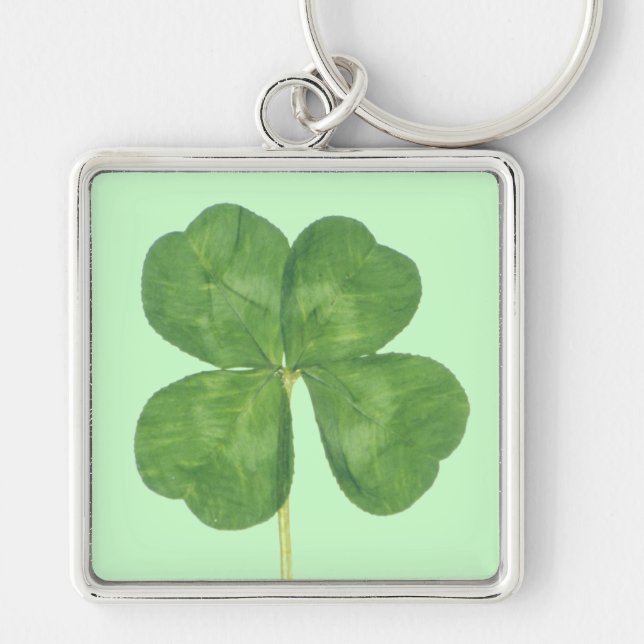 Lycklig fyrklöver Shamrock Fyrkantig Silverfärgad Nyckelring (Framsidan)
