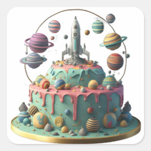 Lycklig Galaxy Birthday Cake Fyrkantigt Klistermärke