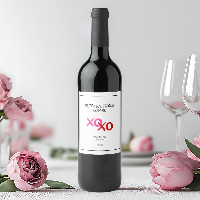 Lycklig Galentine XOXO Hugs och Kisses Rosa Red Vinflaska Etikett (Happy Galentine XOXO Hugs and Kisses Pink Red Wine Label)