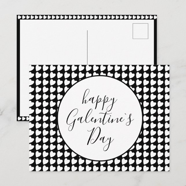 Lycklig Galentine's Day Black White Heart Mönster Helg Vykort (Fram/baksida)