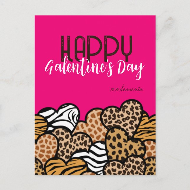 Lycklig Galentines Day Rosa Animal Print Hearts Na Helg Vykort (Framsida)