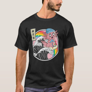 Lycklig Gaming Axolotl Surfing Kanagawa Wave Kawai T Shirt