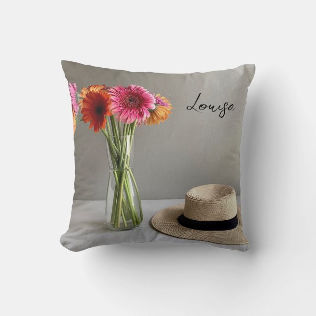 Lycklig Gerbera Colorful Flower +Custom Name Kudde (Framsida)