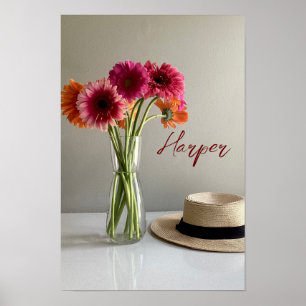 Lycklig Gerbera Colorful Flower +Custom Name Poster