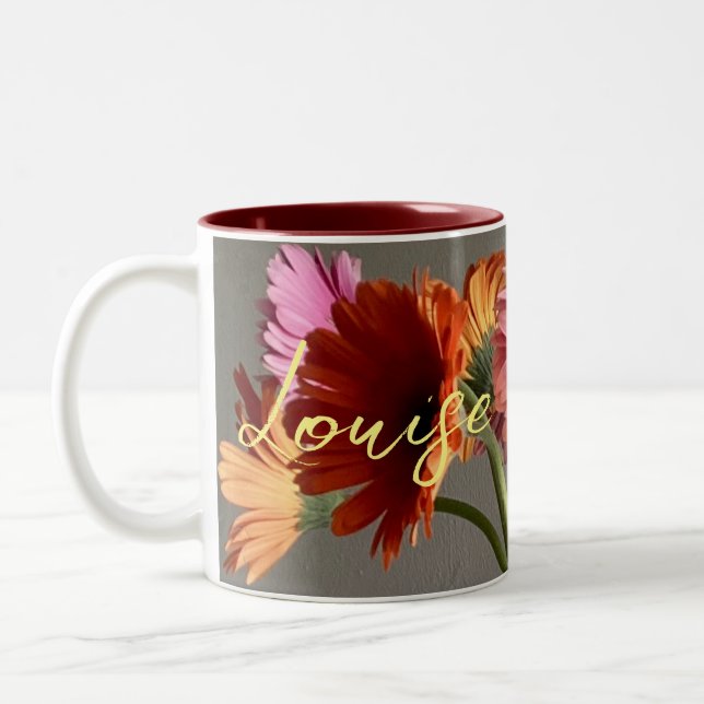 Lycklig Gerbera Colorful Flower +Custom Name Två-Tonad Mugg (Vänster)
