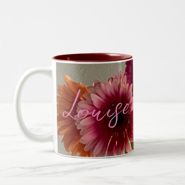 Lycklig Gerbera Colorful Flower +Custom Name Två-Tonad Mugg (Vänster)