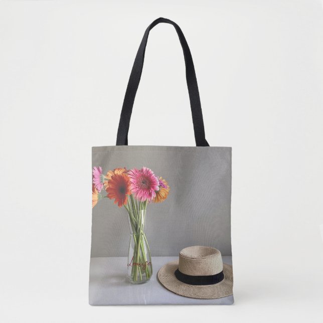 Lycklig Gerbera Colorful Flower +Custom Name Tygkasse (Framsida)