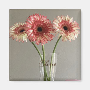 Lycklig Gerbera Rosa Flower Photo +eget namn Magnet