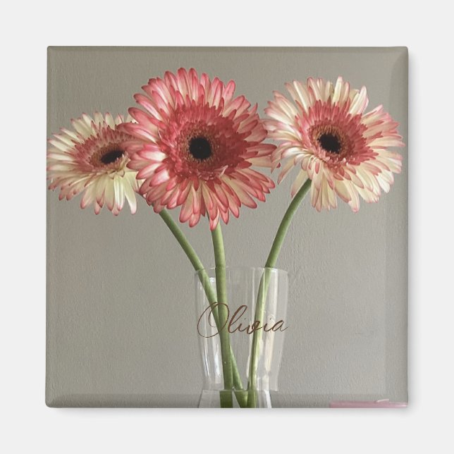 Lycklig Gerbera Rosa Flower Photo +eget namn Magnet (Framsidan)