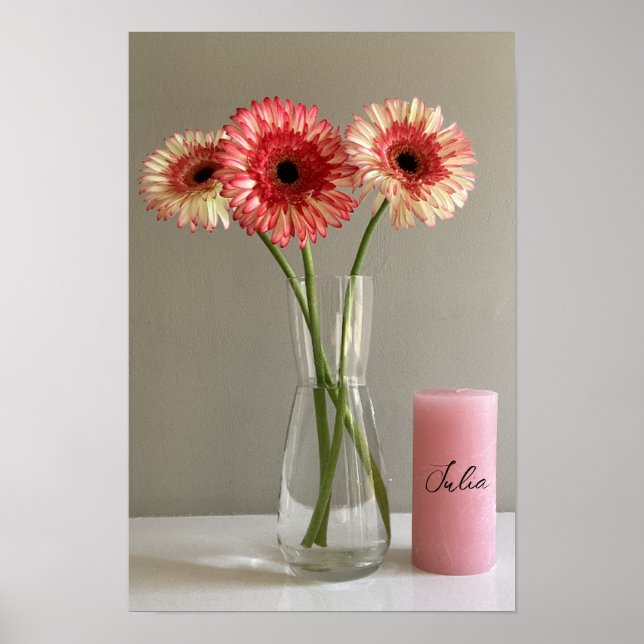 Lycklig Gerbera Rosa Flower Photo +eget namn Poster (Framsidan)