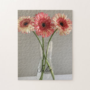 Lycklig Gerbera Rosa Flower Photo +eget namn Pussel