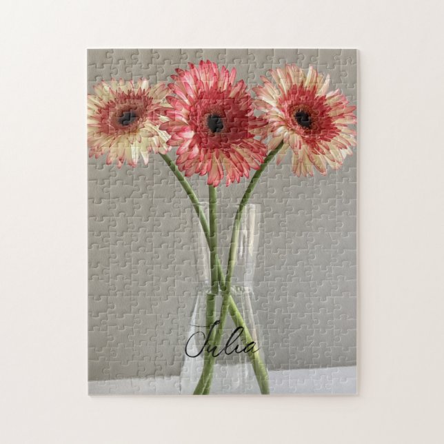 Lycklig Gerbera Rosa Flower Photo +eget namn Pussel (Vertikal)