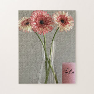 Lycklig Gerbera Rosa Flower Photo +eget namn Pussel