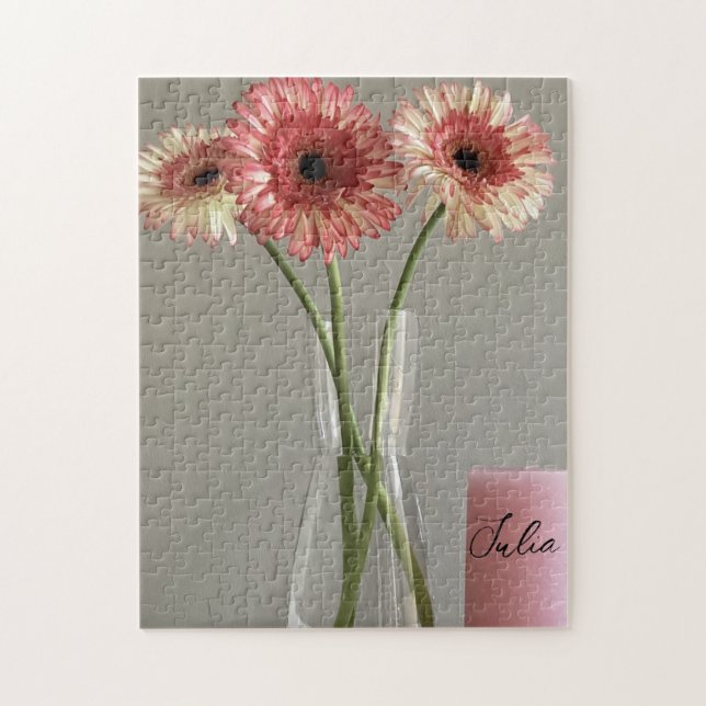 Lycklig Gerbera Rosa Flower Photo +eget namn Pussel (Vertikal)