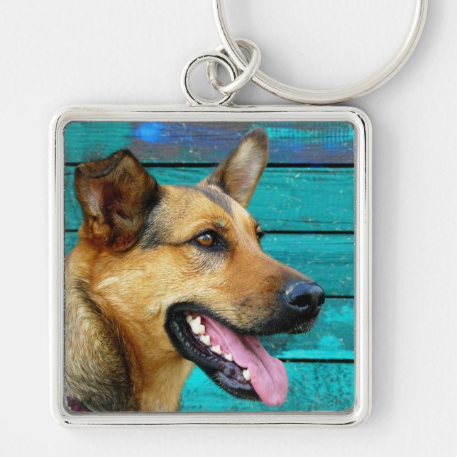Lycklig German Shepherd Hund Fyrkantig Silverfärgad Nyckelring (Framsidan)