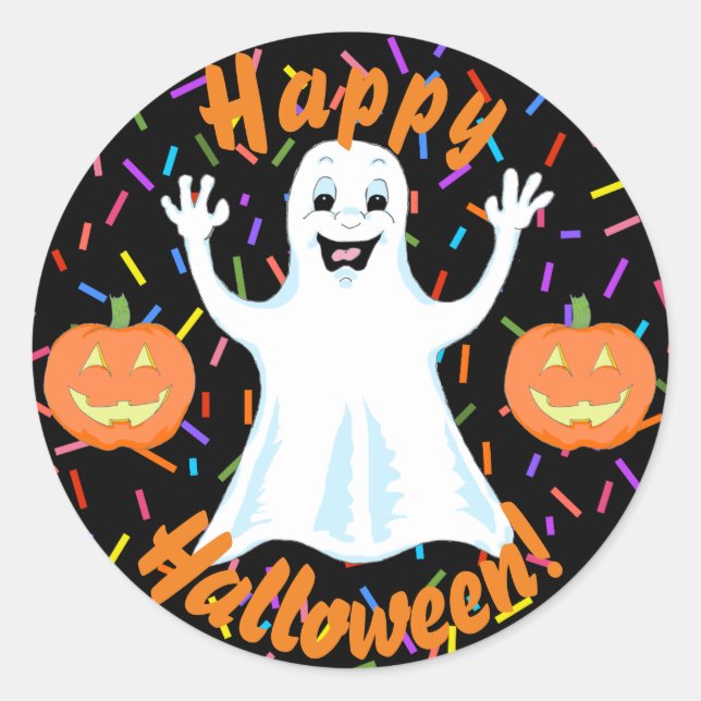 Lycklig Ghost Halloween Stickers Runt Klistermärke (Framsida)