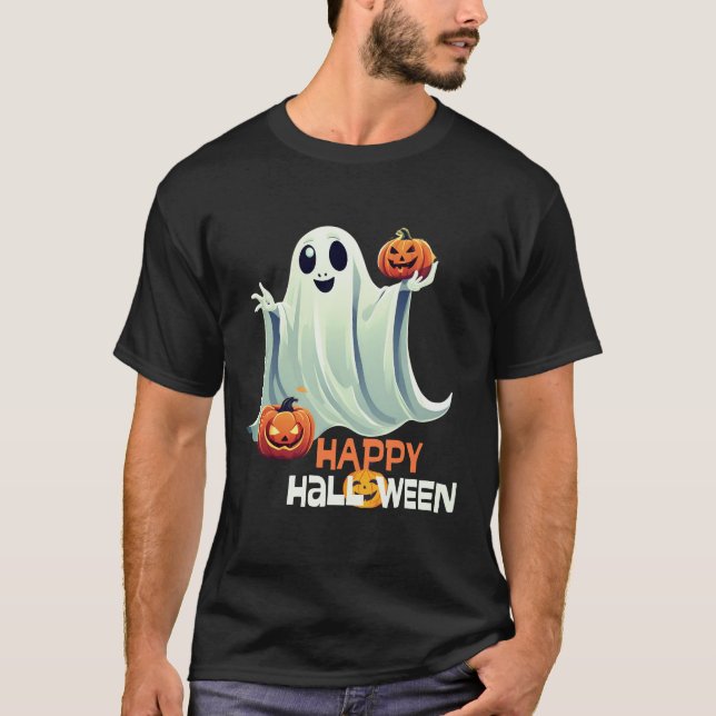 Lycklig Ghost Happy halloween T Shirt (Framsida)