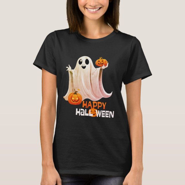 Lycklig Ghost Happy halloween T-Shirt (Framsida)