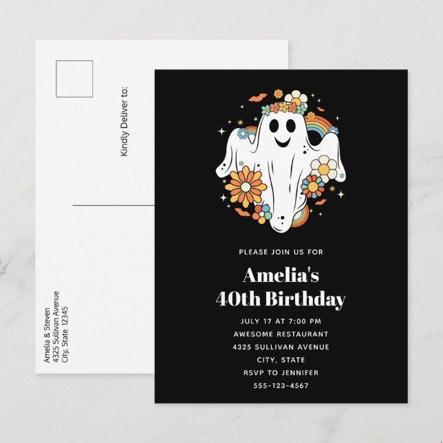 Lycklig Ghost Retro Hippie Vibe Birthday Inbjudan Vykort (Fram/baksida)