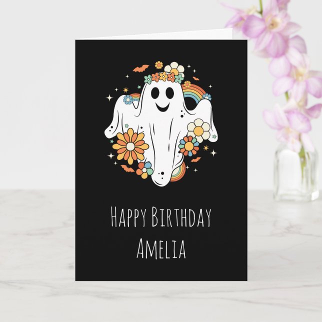 Lycklig Ghost Retro Hippie Vibe Birthday Kort (Orkide)