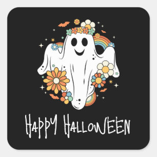 Lycklig Ghost Retro Hippie Vibe Halloween Fyrkantigt Klistermärke