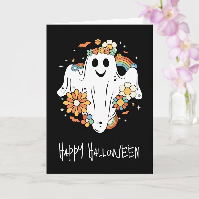 Lycklig Ghost Retro Hippie Vibe Halloween Kort (Orkide)