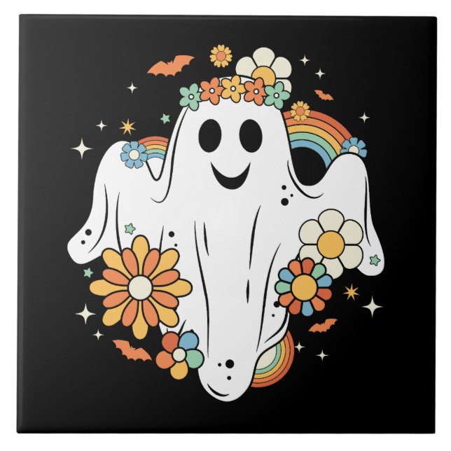 Lycklig Ghost Retro Hippie Vibe Kakelplatta (Framsidan)