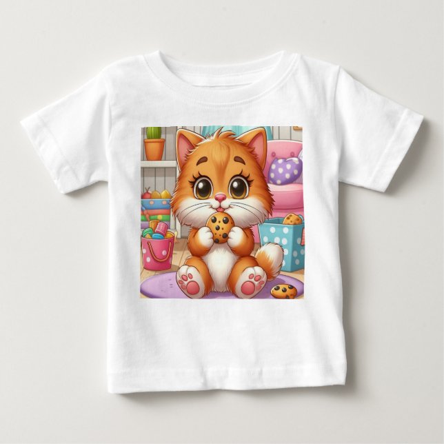 Lycklig Ginger Kitten med Cookie Småbarn T-Shirt (Framsida)