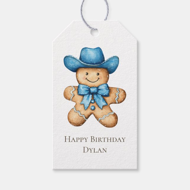 Lycklig Gingerbröd Blue Cowboy Birthday Presentetikett (Framsidan)