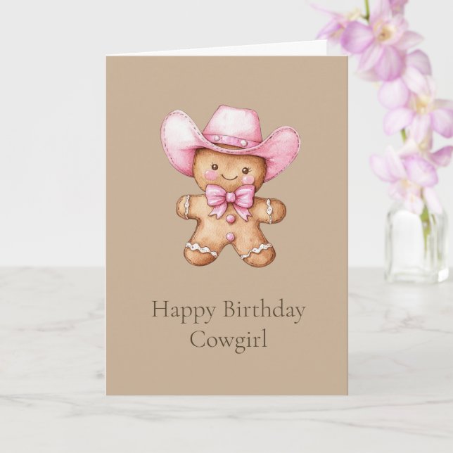 Lycklig Gingerbröd Cowgirl Birthday Kort (Orkide)