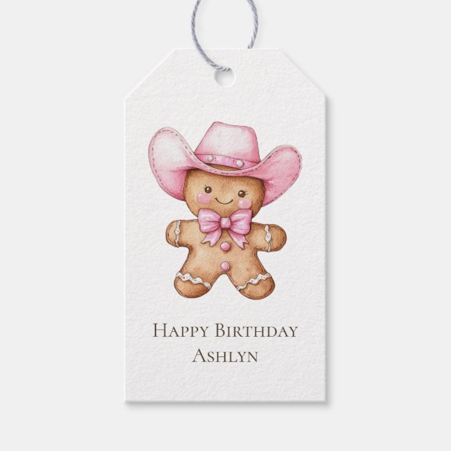 Lycklig Gingerbröd Rosa Cowgirl Birthday Presentetikett (Framsidan)