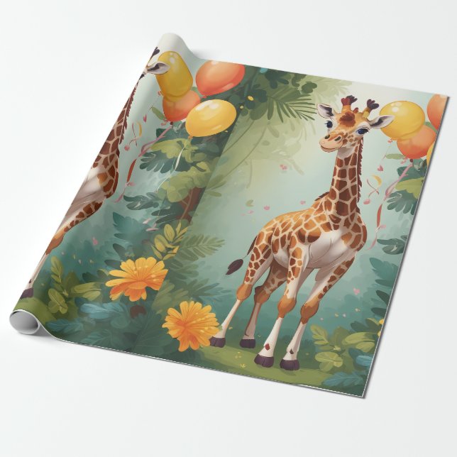 Lycklig Giraffe & Gifts i Jungle | Papper radbrytn Presentpapper (Utrullad)