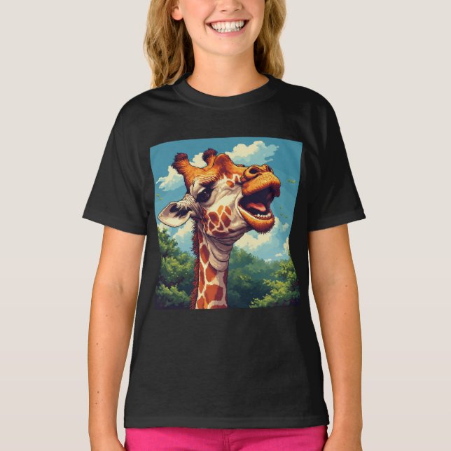 Lycklig Giraffe Pixel Art T-Shirt (Framsida)