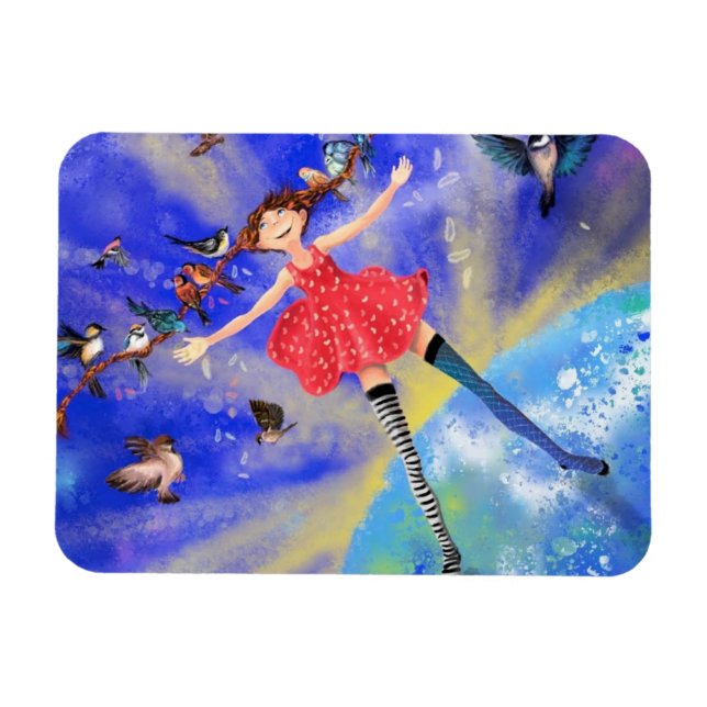 Lycklig Girl and Birds Magnet - Painting (Horisontell)