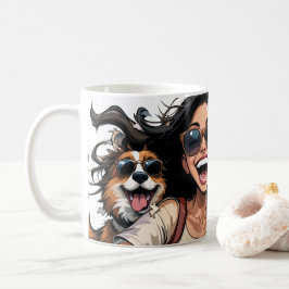 Lycklig Girl and Cute Hund in sunglass with Quote Kaffemugg
