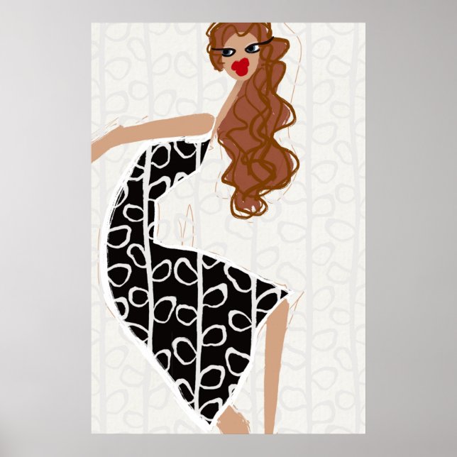 Lycklig Girl Dancing BlackWhite Mode Illustration Poster (Framsidan)