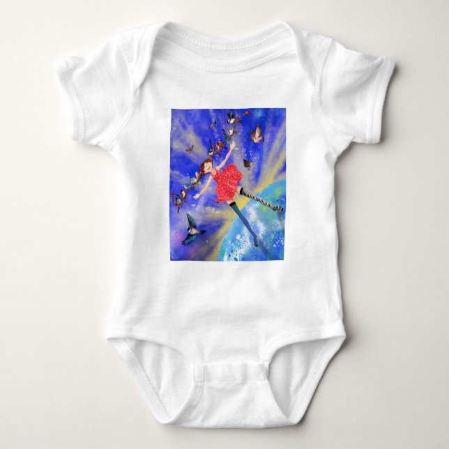 Lycklig Girl med Birds Baby Bodykostym T Shirt (Framsida)