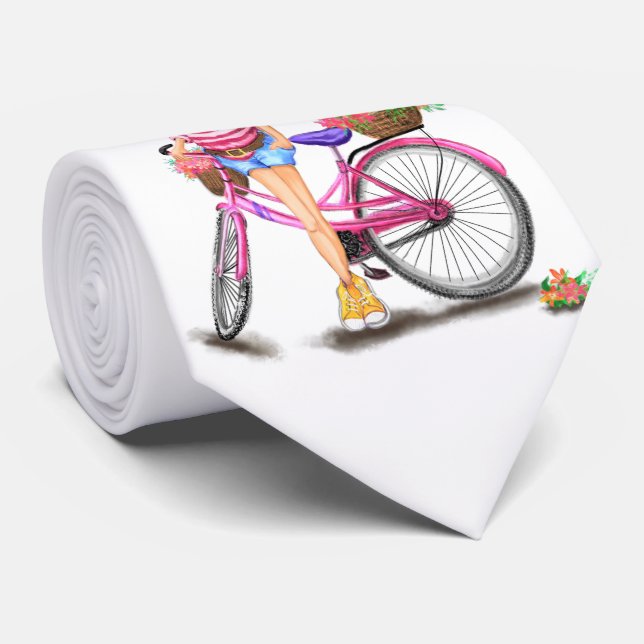 Lycklig Girl med Rosa Bike Neck Tie Slips (Rullad)