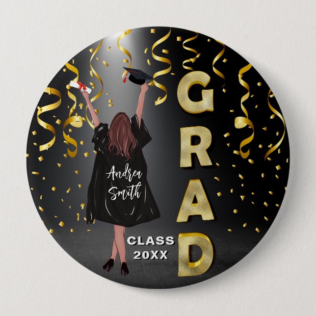 Lycklig Girl Studenten Elegant Guld Confetti Cute Knapp (Framsida)