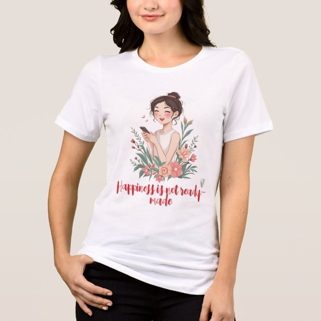 Lycklig Girl Texting with Flowers T Shirt (Framsida)
