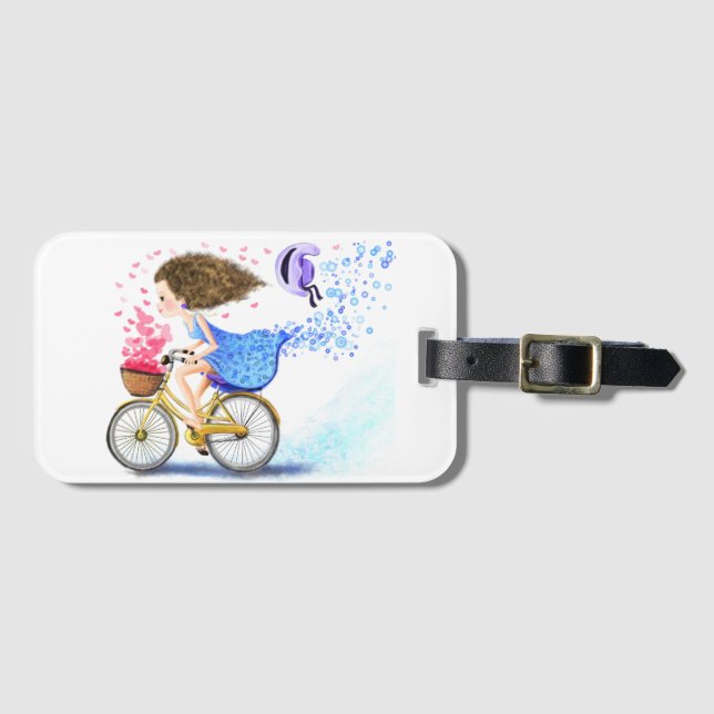 Lycklig Girl with Bike Luggage Tag Bagagebricka (Framsida horisontal)