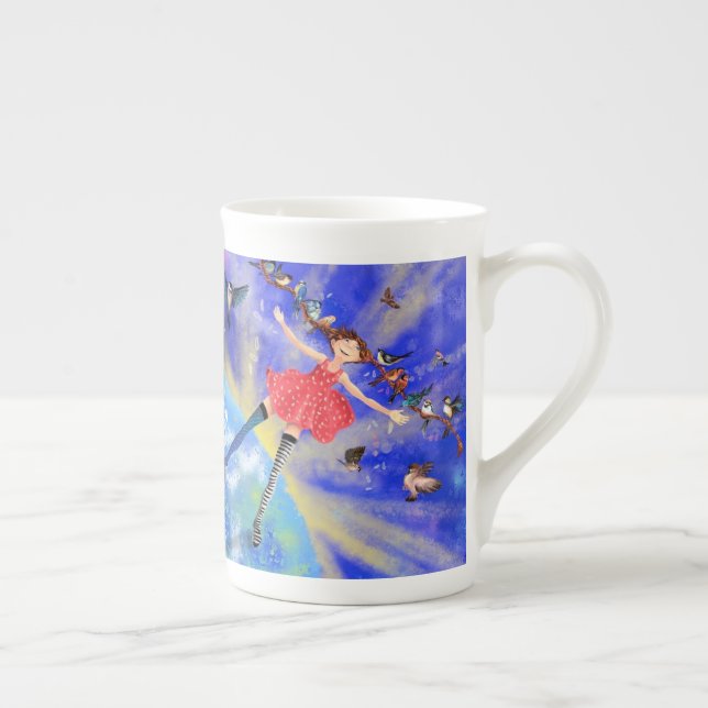 Lycklig Girl with Birds Bone China Mugg Benporslin Mugg (Höger)